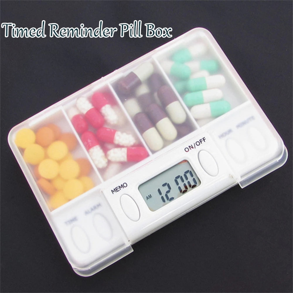 4 Grid Pill Box Medicine Storage Box Electronic Timing Reminder Medicine Boxes Alarm Timer Pills Organizer Pill Drug Container