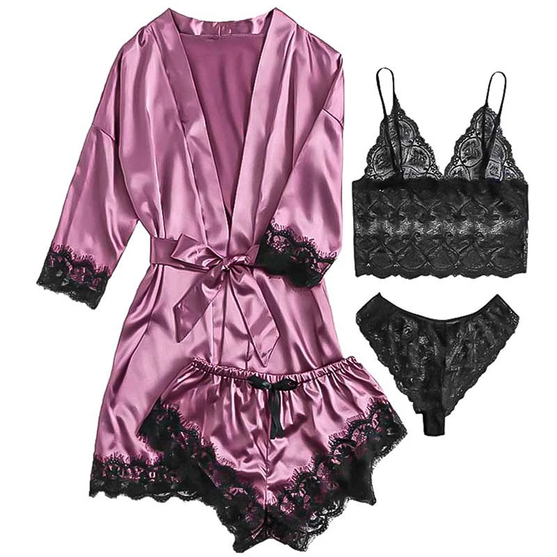 Women'S Fashion Pajama Print Sexy Lace Trim Faux Silk Satin Pajama Set Gown Skin Friendly Comfort Loungewear Sexy Pajamas