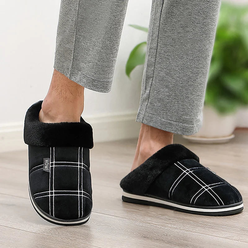 Large Size 50-51 Plaid House Slippers for Man Memory Foam Winter Plush Indoor Male Shoes Warm Home Slippers 2023 Non Slip Black