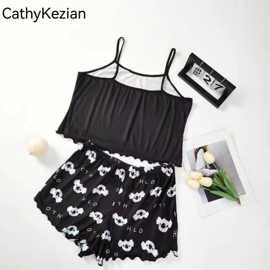 Women Pajamas Sleepwear Pajama Set Sports Camisole and Shorts S M L Black Cartoon Koala Print Ventilate Casual Soft Comfortable