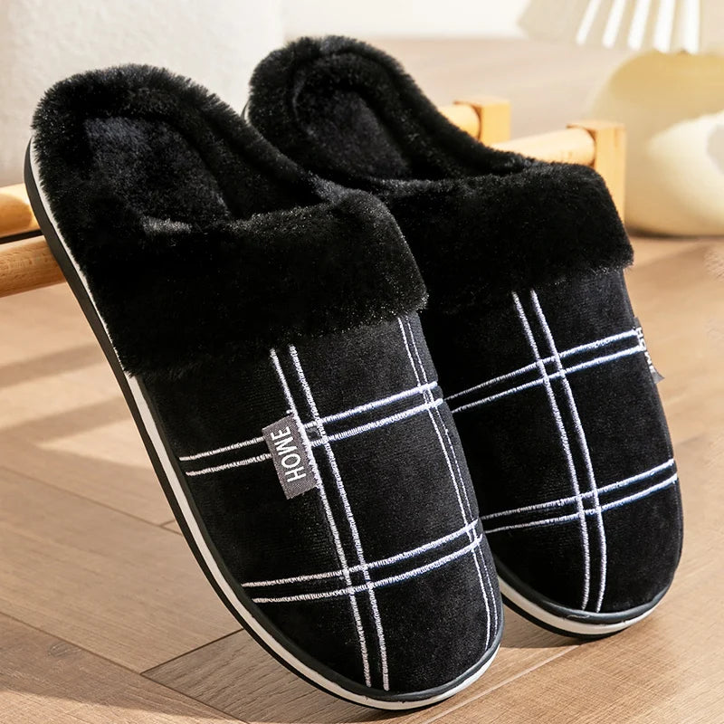 Large Size 50-51 Plaid House Slippers for Man Memory Foam Winter Plush Indoor Male Shoes Warm Home Slippers 2023 Non Slip Black