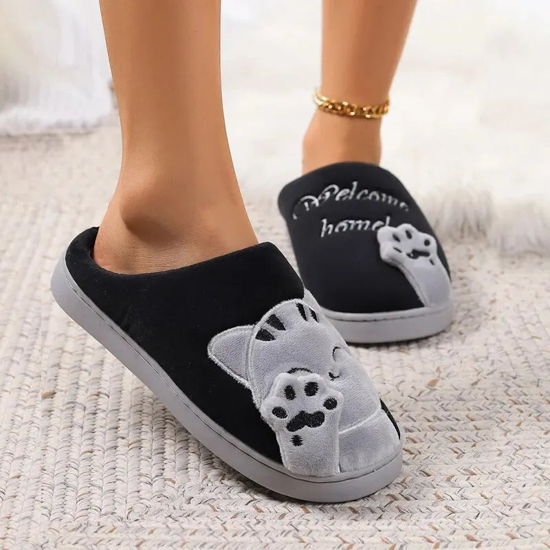 Winter Warm Fur Slippers Cartoon Cat Non-Slip Women and Men Soft House Indoor Home Bedroom Boys Girl Memory Foam Floor Shoes