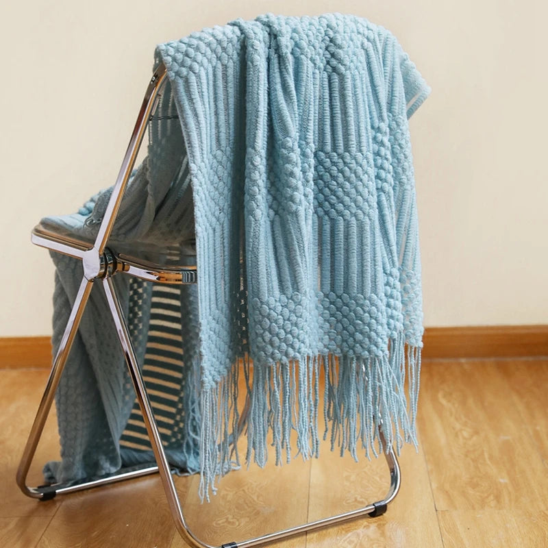 Textured Knitted Throw Blankets with Tassels Cozy Woven Decorative Boho Bed Blanket for Sofa Bed Chair Pattern for All Seasons