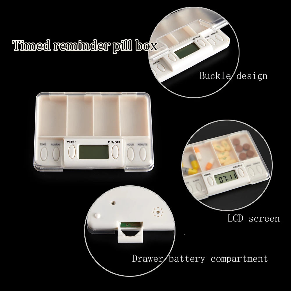 4 Grid Pill Box Medicine Storage Box Electronic Timing Reminder Medicine Boxes Alarm Timer Pills Organizer Pill Drug Container