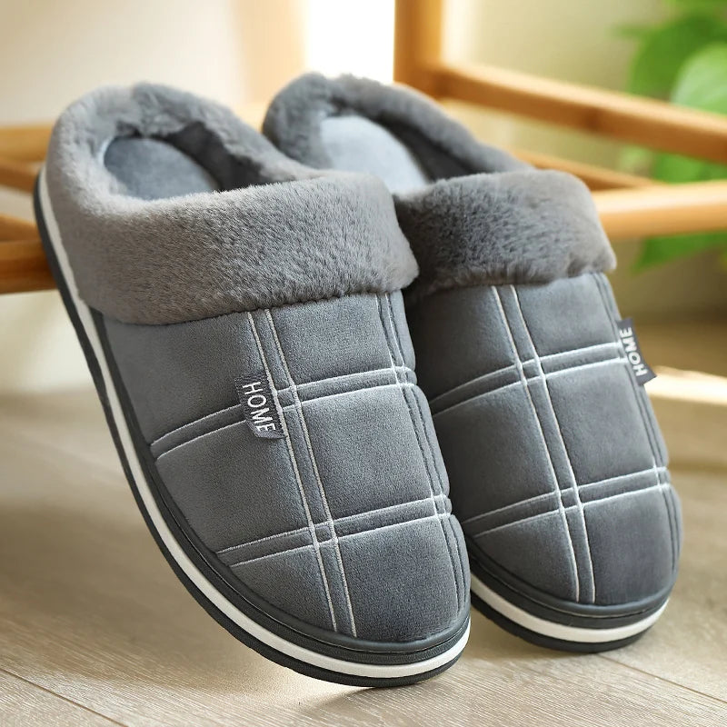 Large Size 50-51 Plaid House Slippers for Man Memory Foam Winter Plush Indoor Male Shoes Warm Home Slippers 2023 Non Slip Black