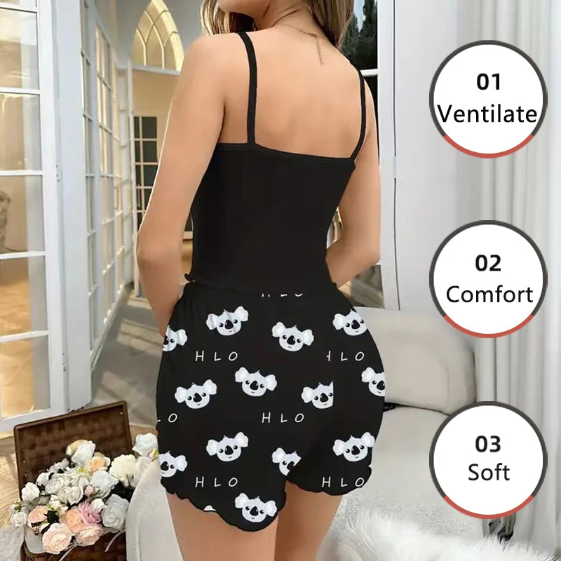 Women Pajamas Sleepwear Pajama Set Sports Camisole and Shorts S M L Black Cartoon Koala Print Ventilate Casual Soft Comfortable