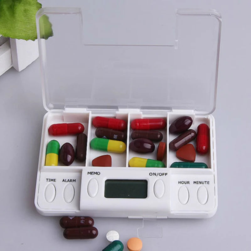 4 Grid Pill Box Medicine Storage Box Electronic Timing Reminder Medicine Boxes Alarm Timer Pills Organizer Pill Drug Container