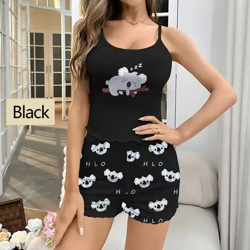 Women Pajamas Sleepwear Pajama Set Sports Camisole and Shorts S M L Black Cartoon Koala Print Ventilate Casual Soft Comfortable