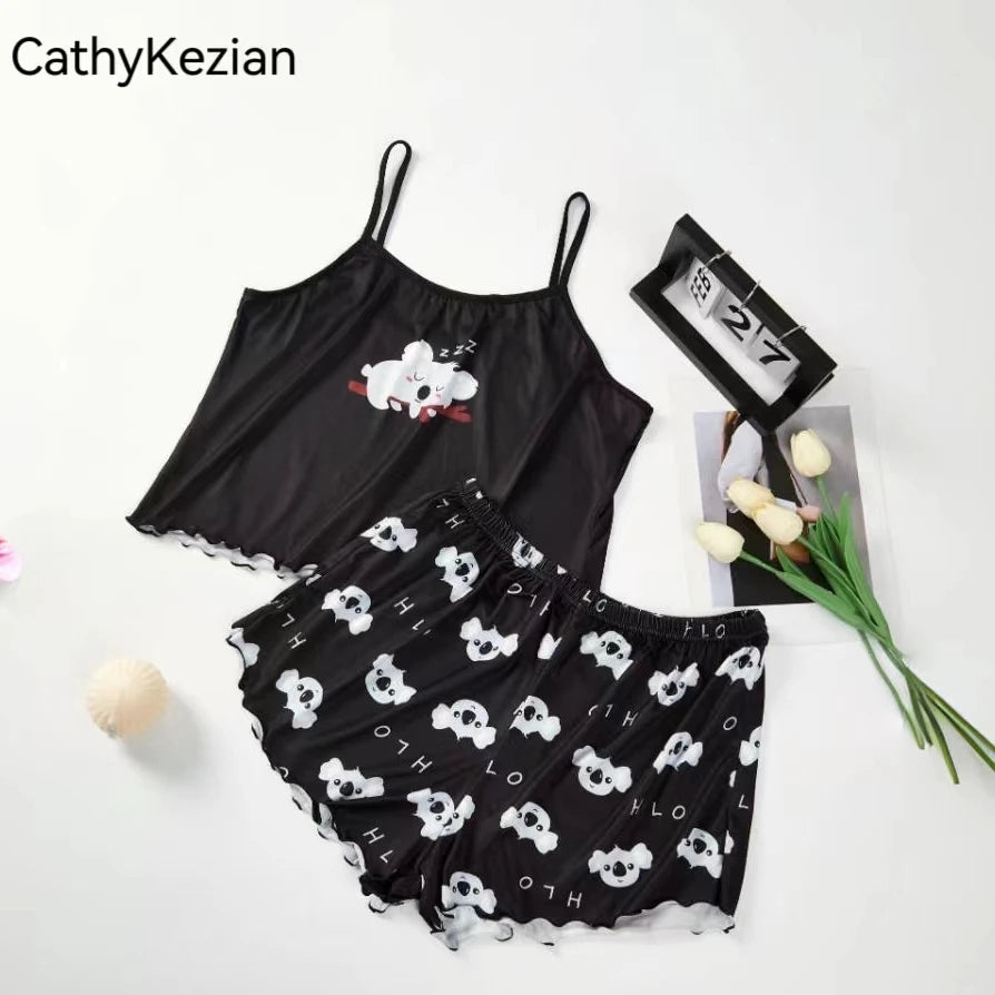 Women Pajamas Sleepwear Pajama Set Sports Camisole and Shorts S M L Black Cartoon Koala Print Ventilate Casual Soft Comfortable