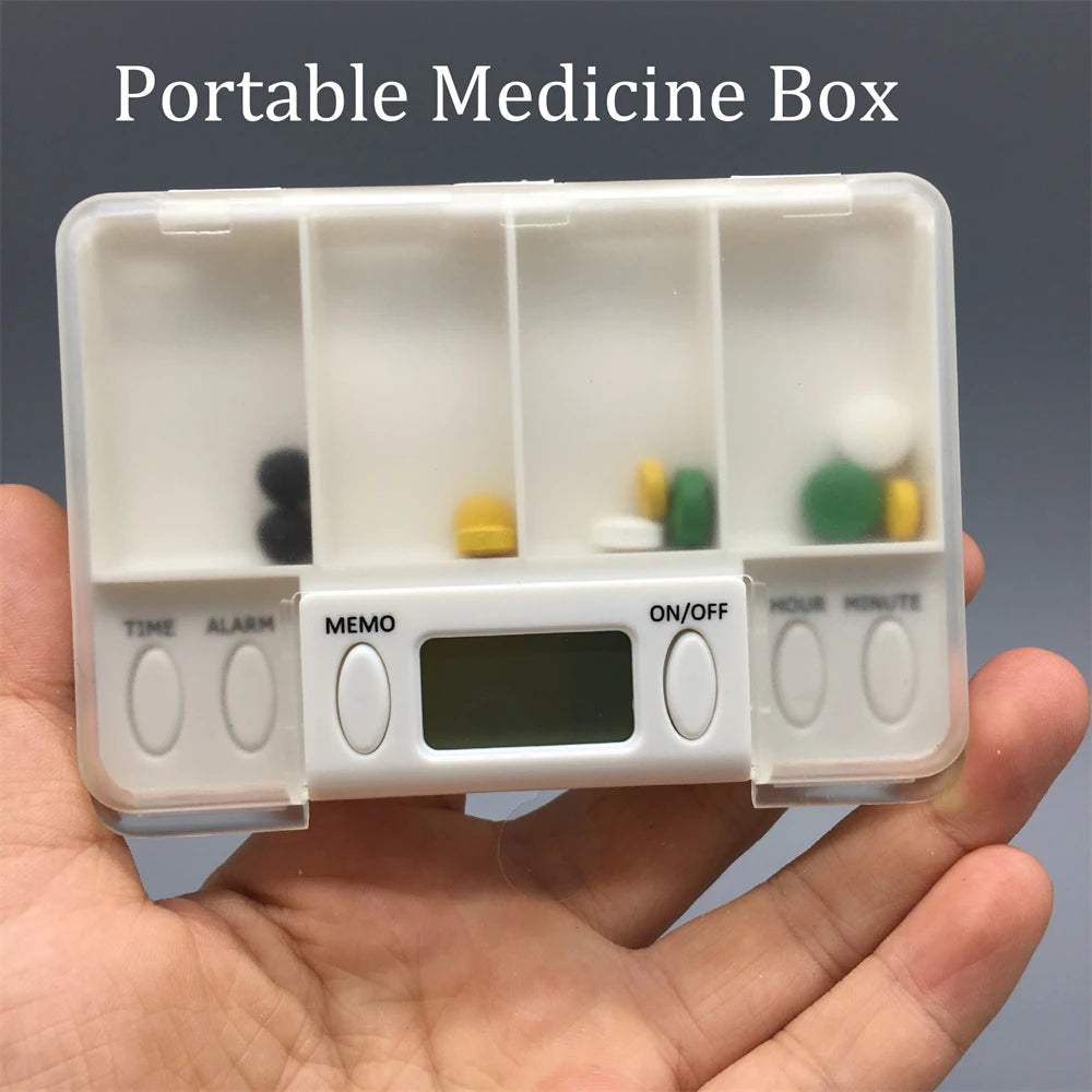 4 Grid Pill Box Medicine Storage Box Electronic Timing Reminder Medicine Boxes Alarm Timer Pills Organizer Pill Drug Container