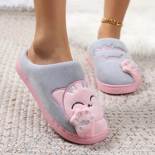 Winter Warm Fur Slippers Cartoon Cat Non-Slip Women and Men Soft House Indoor Home Bedroom Boys Girl Memory Foam Floor Shoes