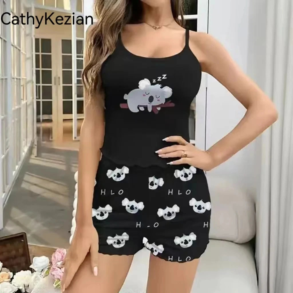 Women Pajamas Sleepwear Pajama Set Sports Camisole and Shorts S M L Black Cartoon Koala Print Ventilate Casual Soft Comfortable