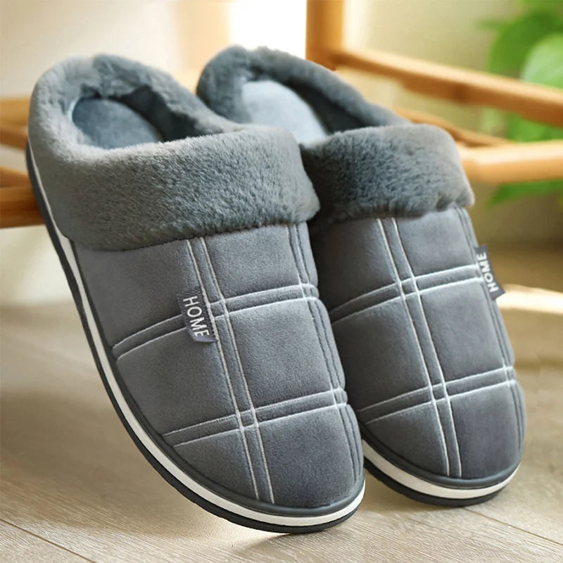 Large Size 50-51 Plaid House Slippers for Man Memory Foam Winter Plush Indoor Male Shoes Warm Home Slippers 2023 Non Slip Black