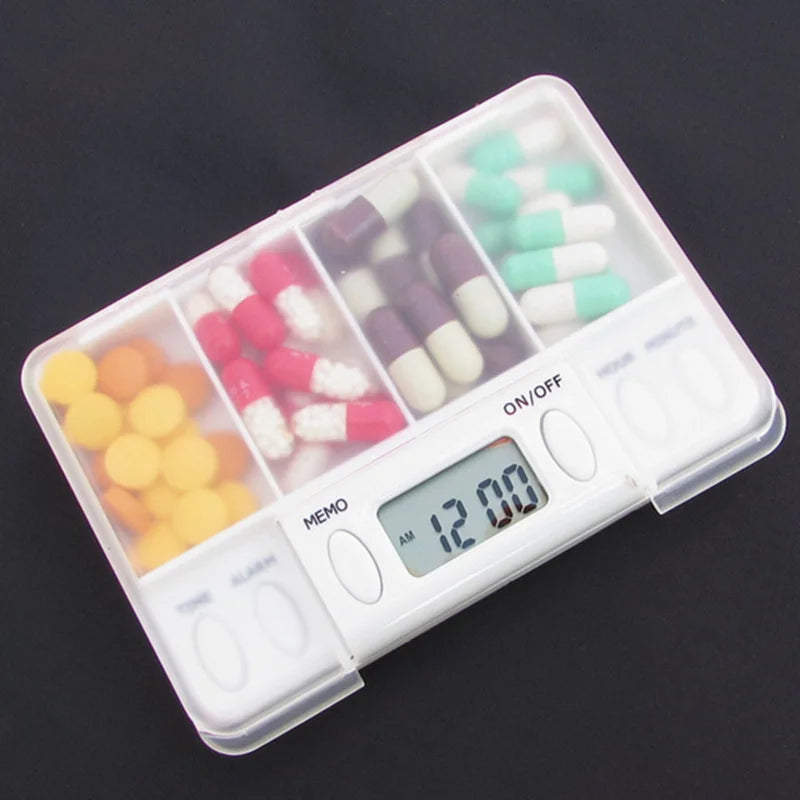 4 Grid Pill Box Medicine Storage Box Electronic Timing Reminder Medicine Boxes Alarm Timer Pills Organizer Pill Drug Container