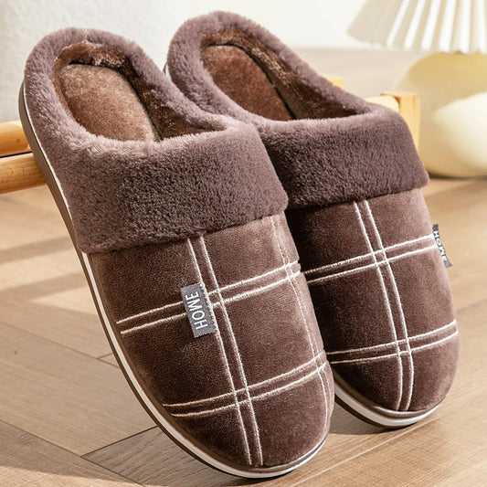 Large Size 50-51 Plaid House Slippers for Man Memory Foam Winter Plush Indoor Male Shoes Warm Home Slippers 2023 Non Slip Black