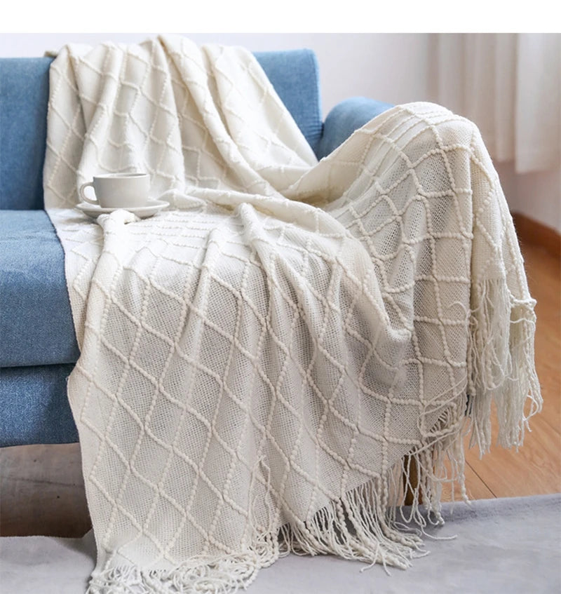 White Boho Throw Blankets Textured Big Knitted Blankets Chunky Vintage Luxury Throw Bedspread Blanket Cover Manta Para Sofá